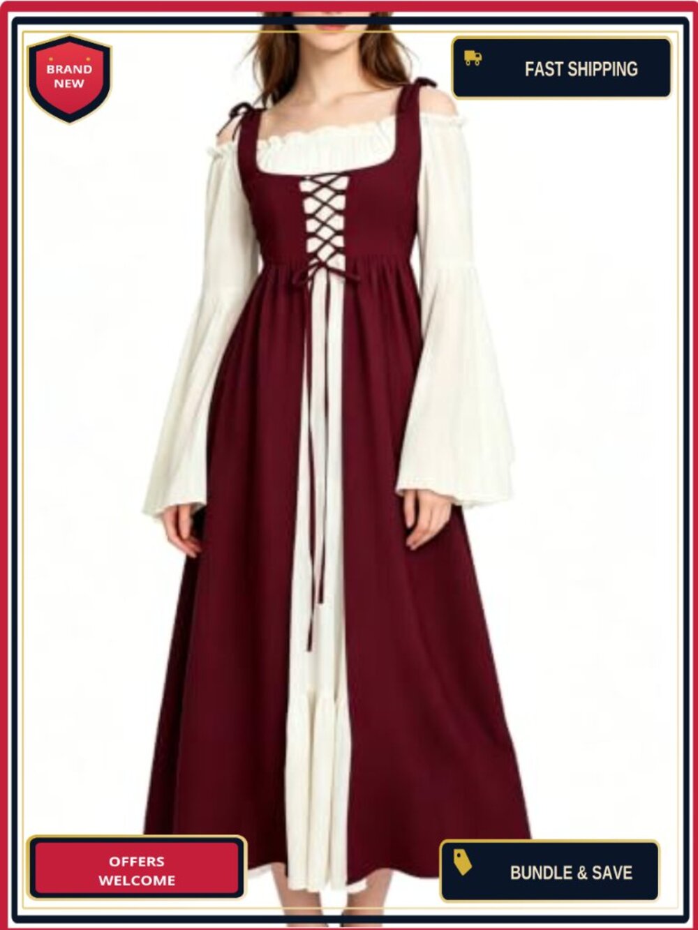 Renaissance Medieval Costume Dress Bell Sleeve Lace-Up Cosplay